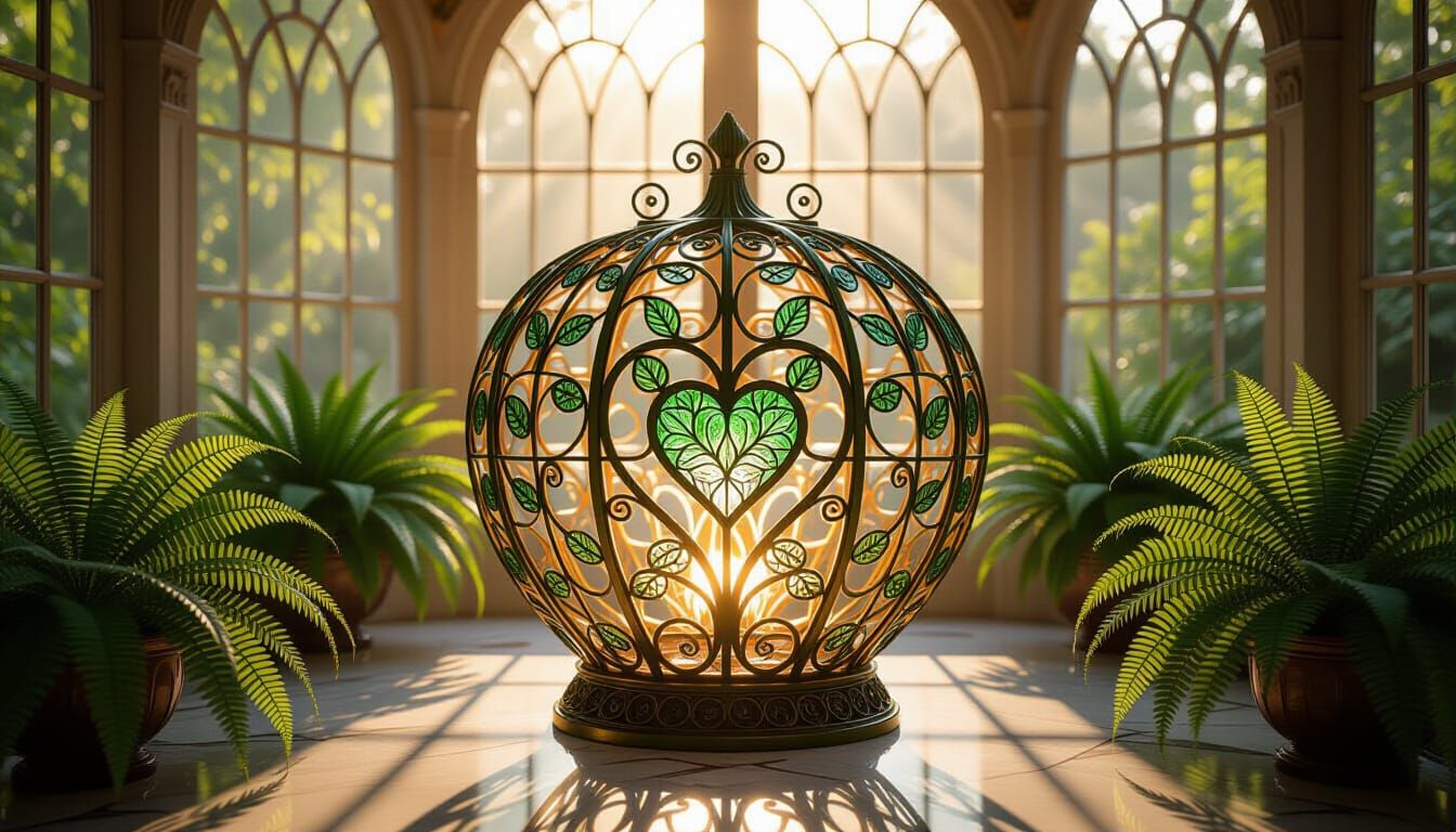 Art Nouveau Birdcage Glowing in Sunlit Room