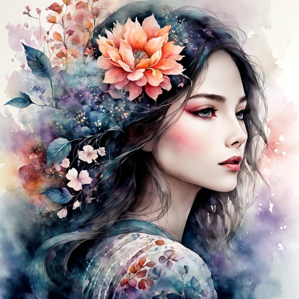 Stunning woman, ethereal, zentangle, mysterious fog, flowers, fantasy garden; watercolor, brushstrokes