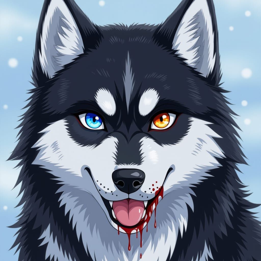 Anime Black Husky with Heterochromia and Blood