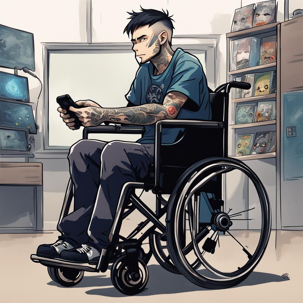 Tattooed Man Playing Video Games in Anime Style