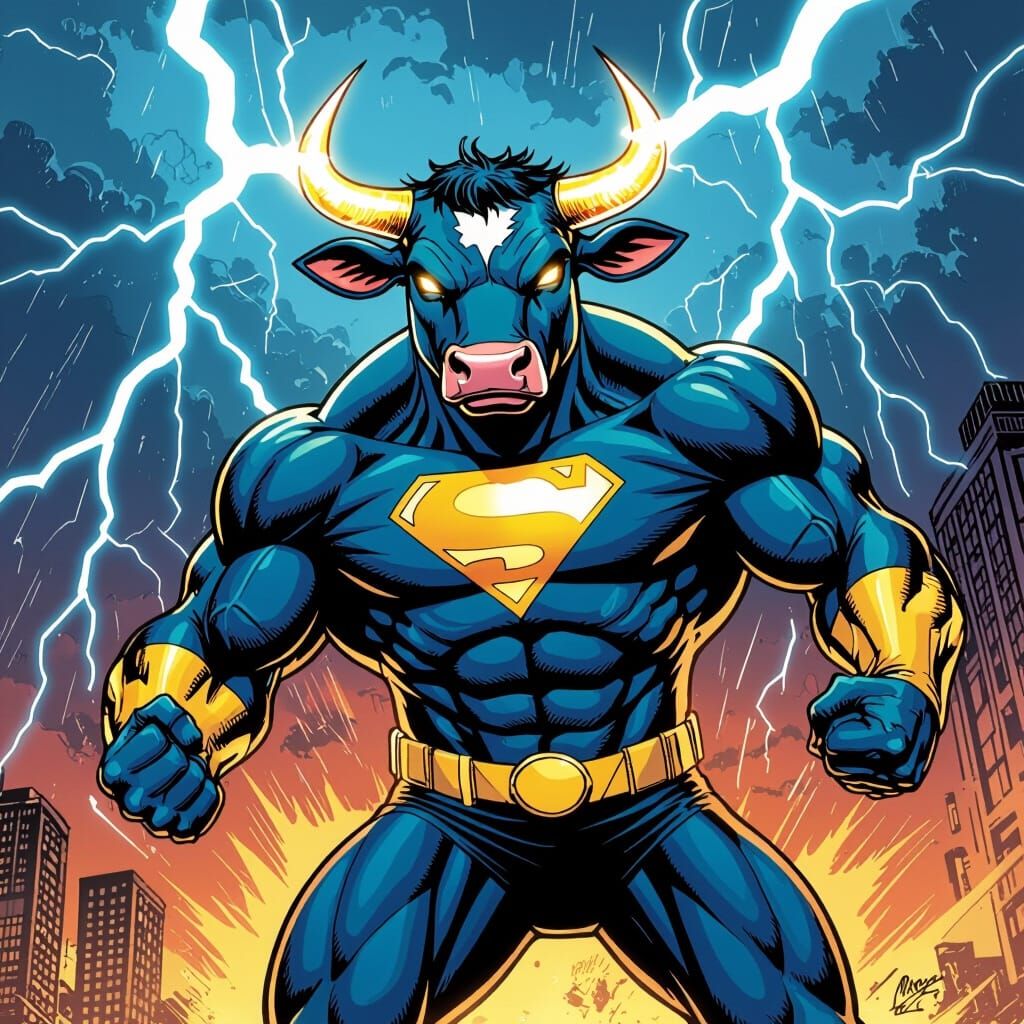 Superhero Cow Unleashes Lightning in Comic Book Style