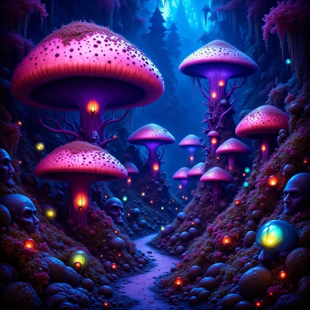 Mischievous Trolls Hide Among Giant Glowing Mushrooms