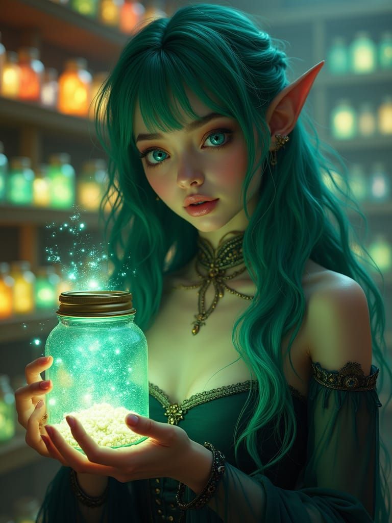 Magical Dream Maker Elf Portrait with Jars of Dreams