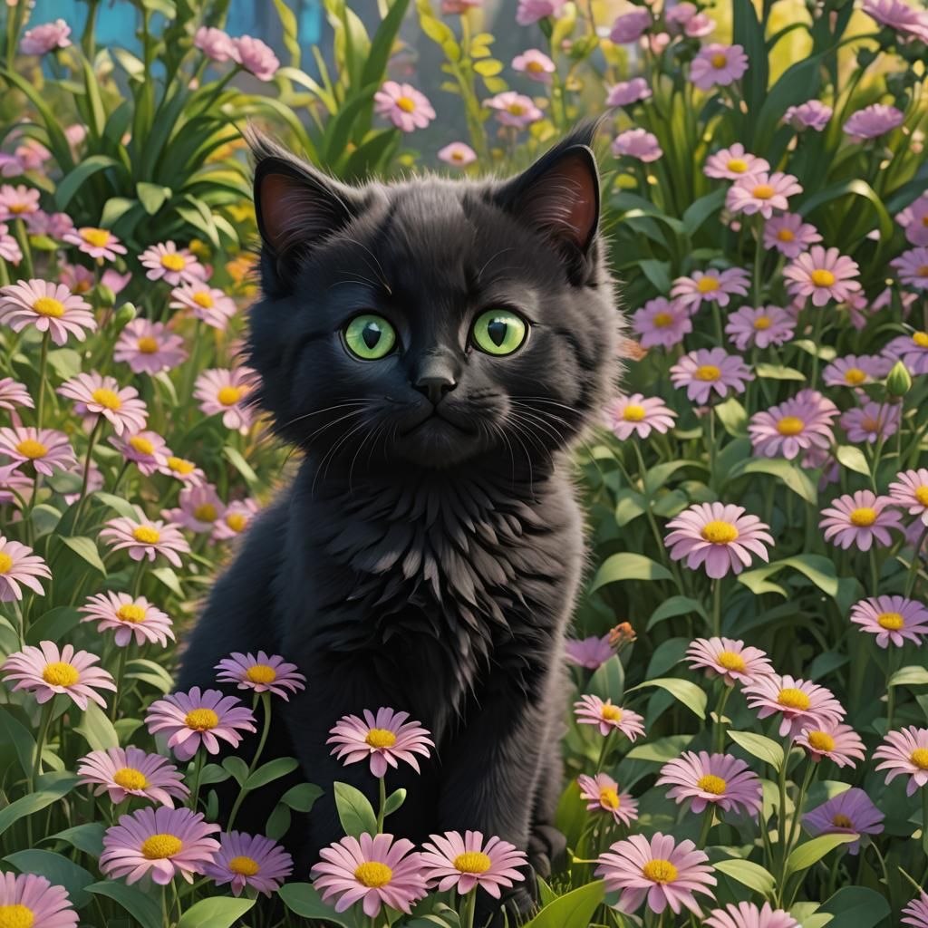 Fluffy Black Kitten in Flower Garden: 3D Digital Art