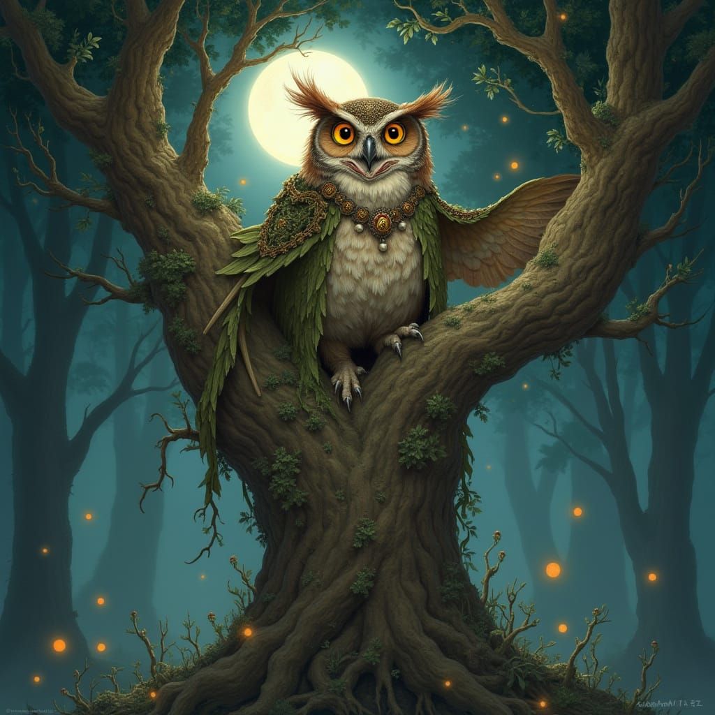 Mystical Owl in Enchanted Forest, Art Nouveau