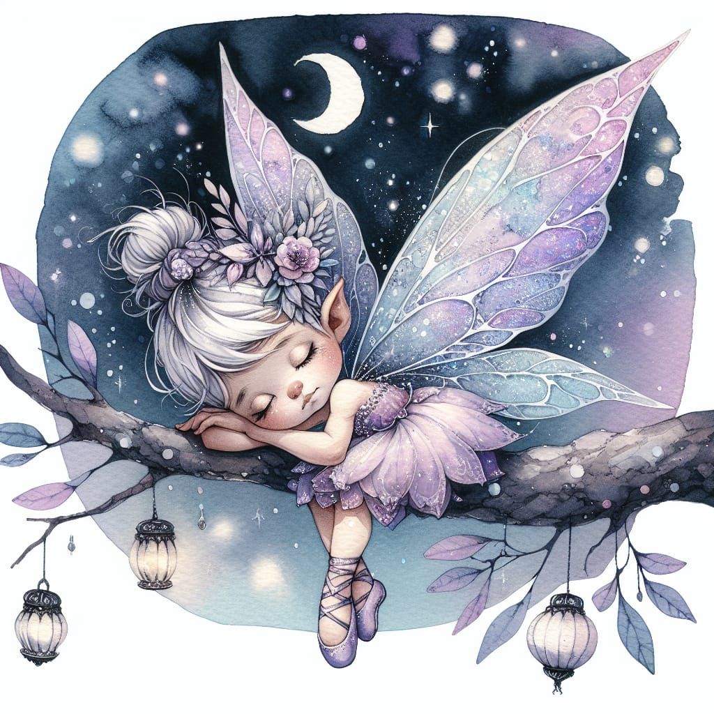 Whimsical Watercolor Fairy on a Starry Night