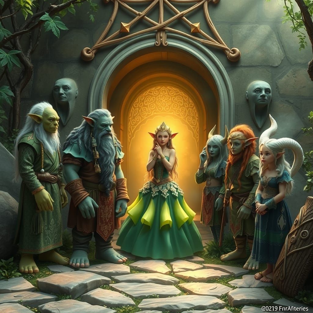 Mythical Beings Gather Around Golden Cauldron