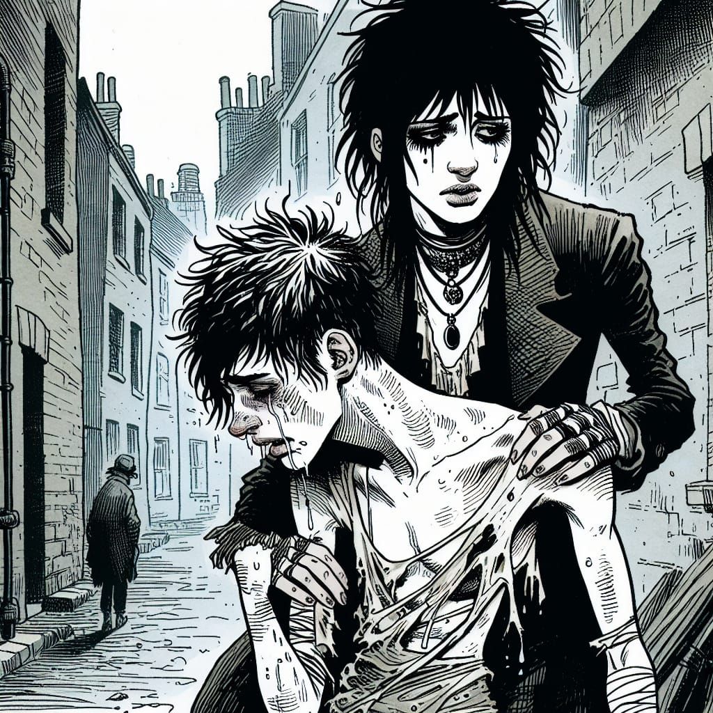 Gothic Punk Girl Helps Crying Boy: Comic Art