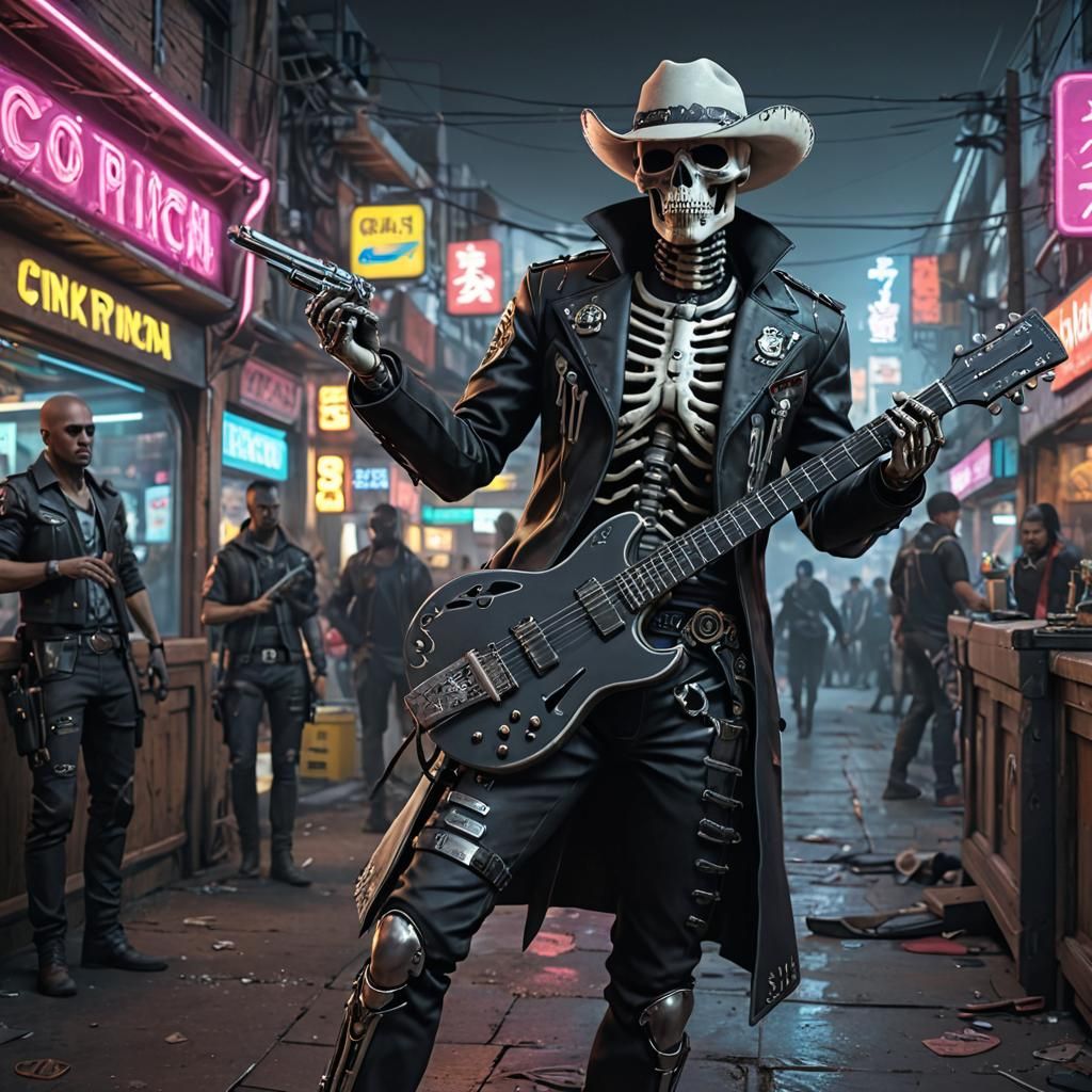 Cyberpunk Skeleton Cowboy Mariachi in 3D Anime Style