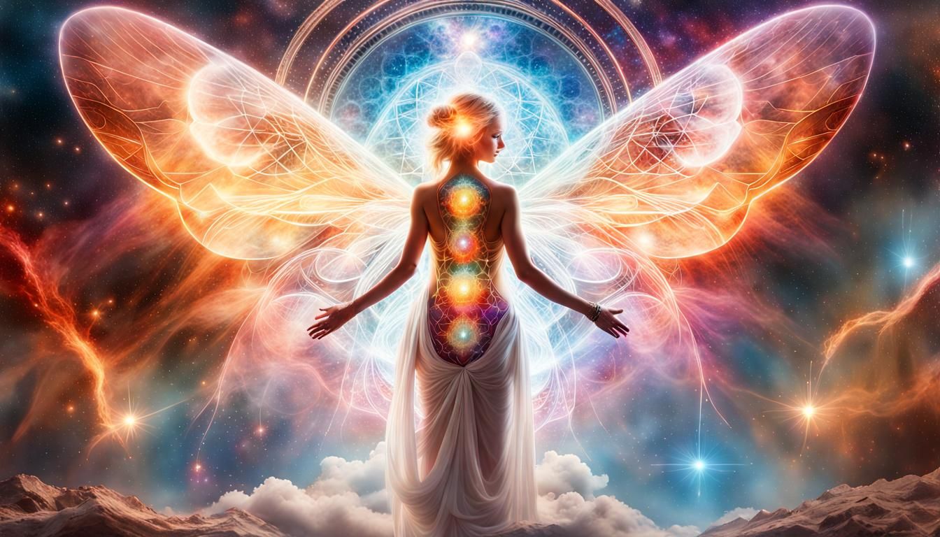 Glowing Angel in Chakra System with Butterfly Wings