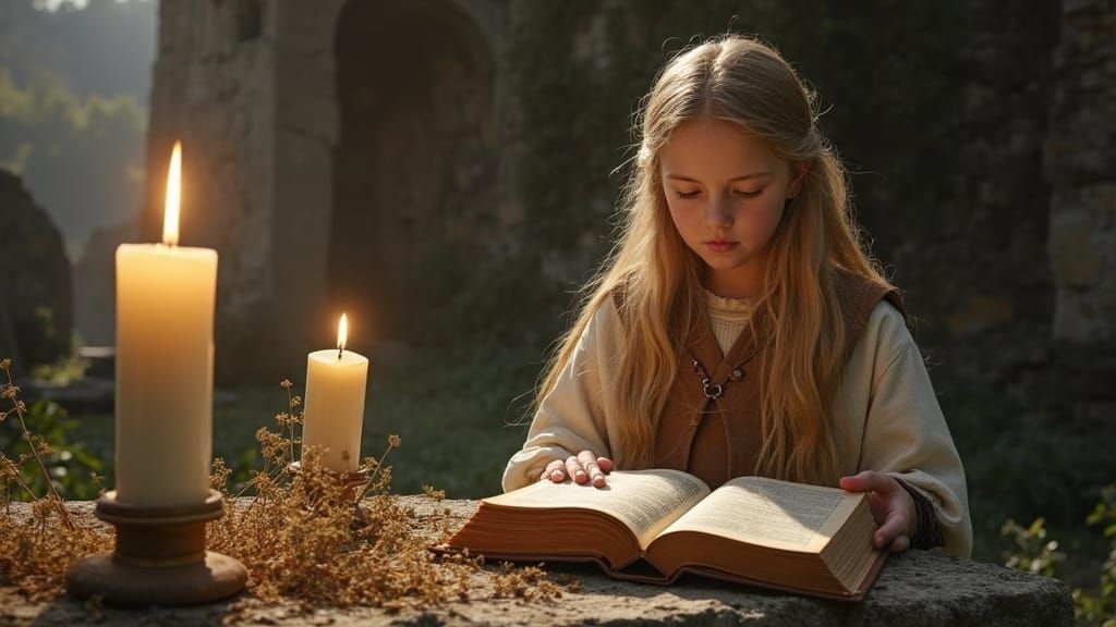 Young Maiden Reads in Ruined Monastery