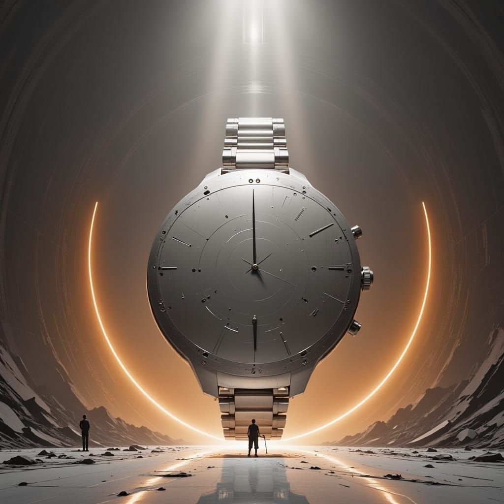 Gigantic Silver Steel Watch in Dramatic Sci-Fi Style