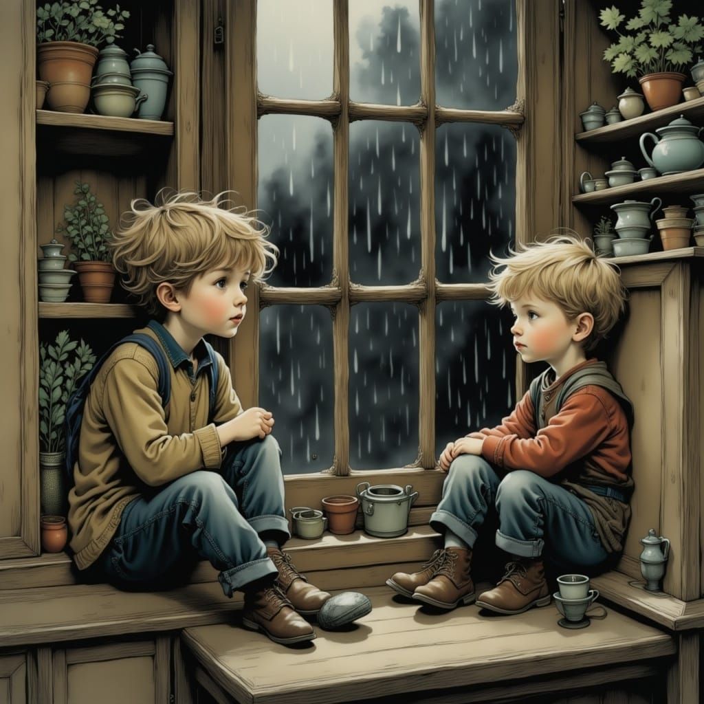 Children Watching Rain, Illustrated Fairy Tale Style