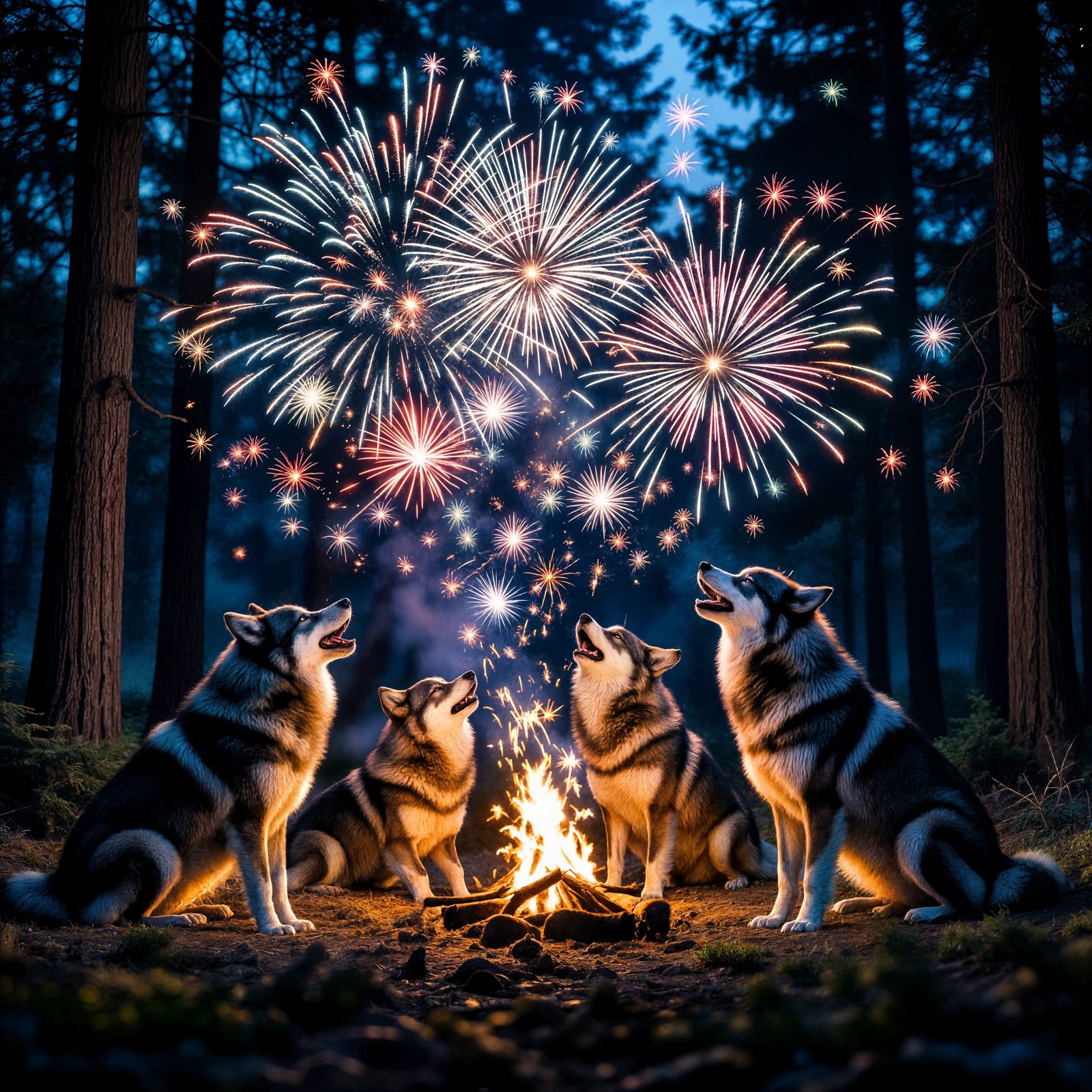 Wolves Watch Fireworks Display in Forest