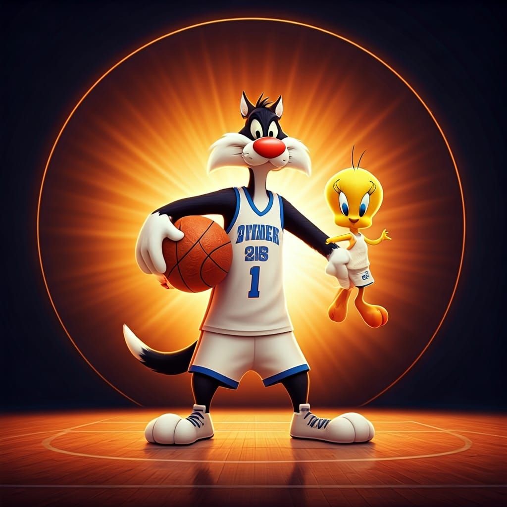 Sylvester and Tweety Pie playing basketball in opposing professional kit, background of a basketball court
