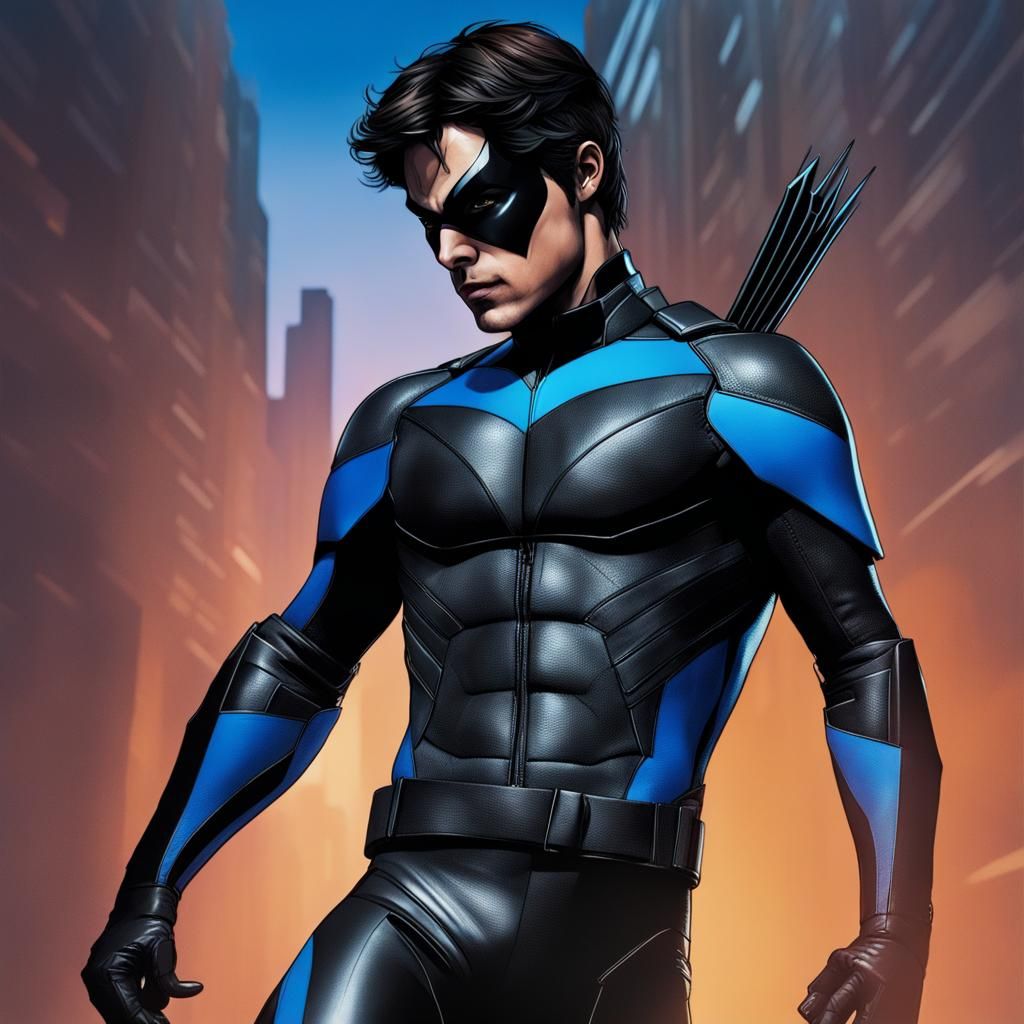 Dylan O’Brien in leather and cloth armor suit as Nightwing
