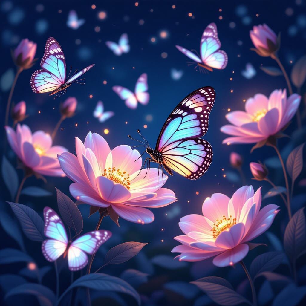 Iridescent Butterflies Among Glowing Flowers at Night