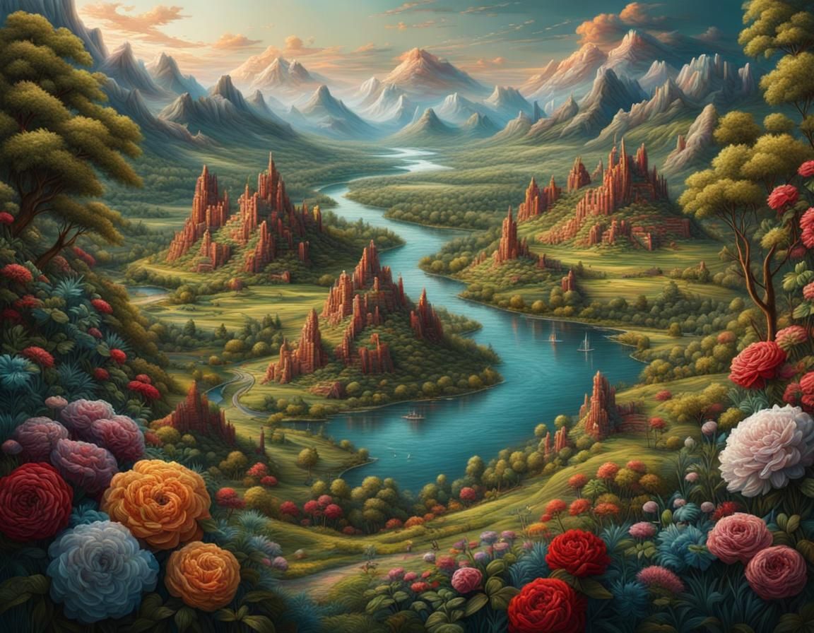 Embroidered Summer Landscape: Detailed and Cinematic