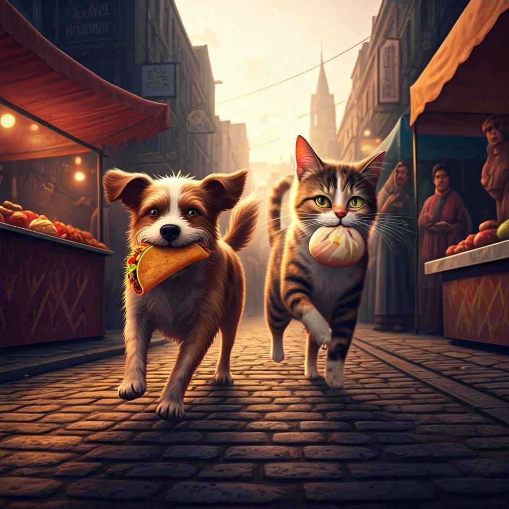 Dog and Cat Steal Food in City Market