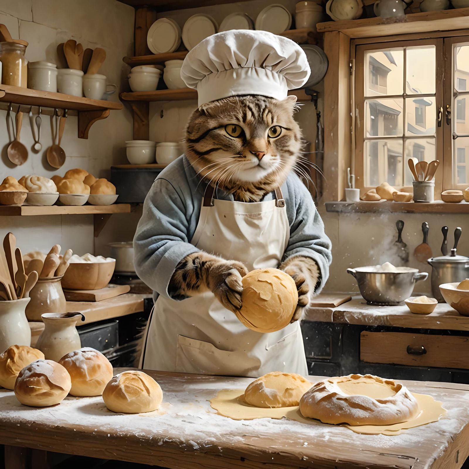 Cat Baker Kneading Dough in Pastel Bakery