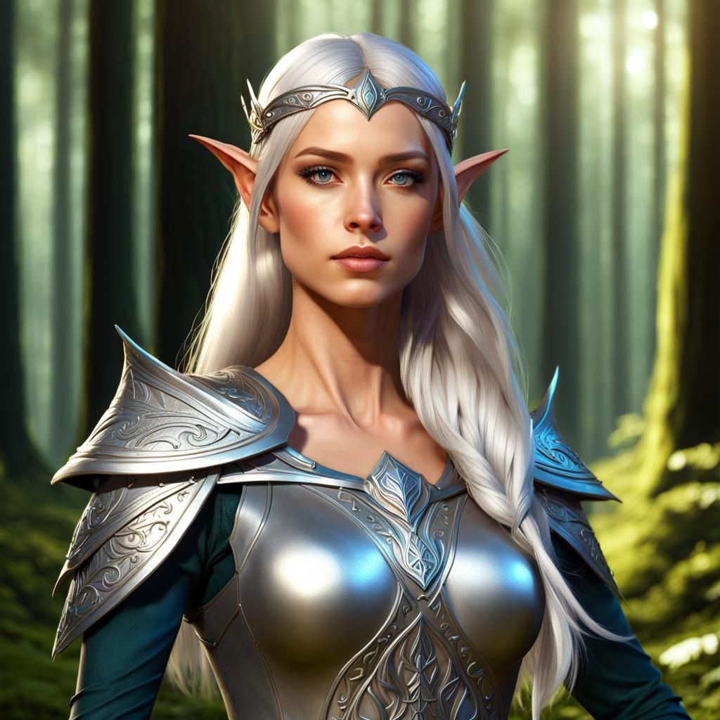Female Elf Ranger in Silver Armour, Fantasy Art