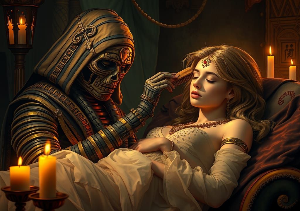 Mummy Brushing Maiden's Hair in Beksiński Style
