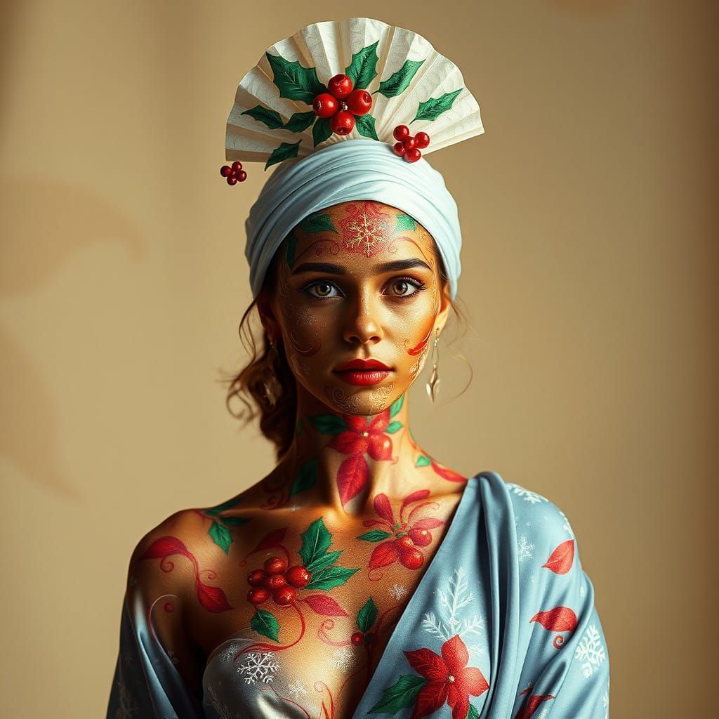 Regal Festive Figure Adorned with Elaborate Christmas Body P...