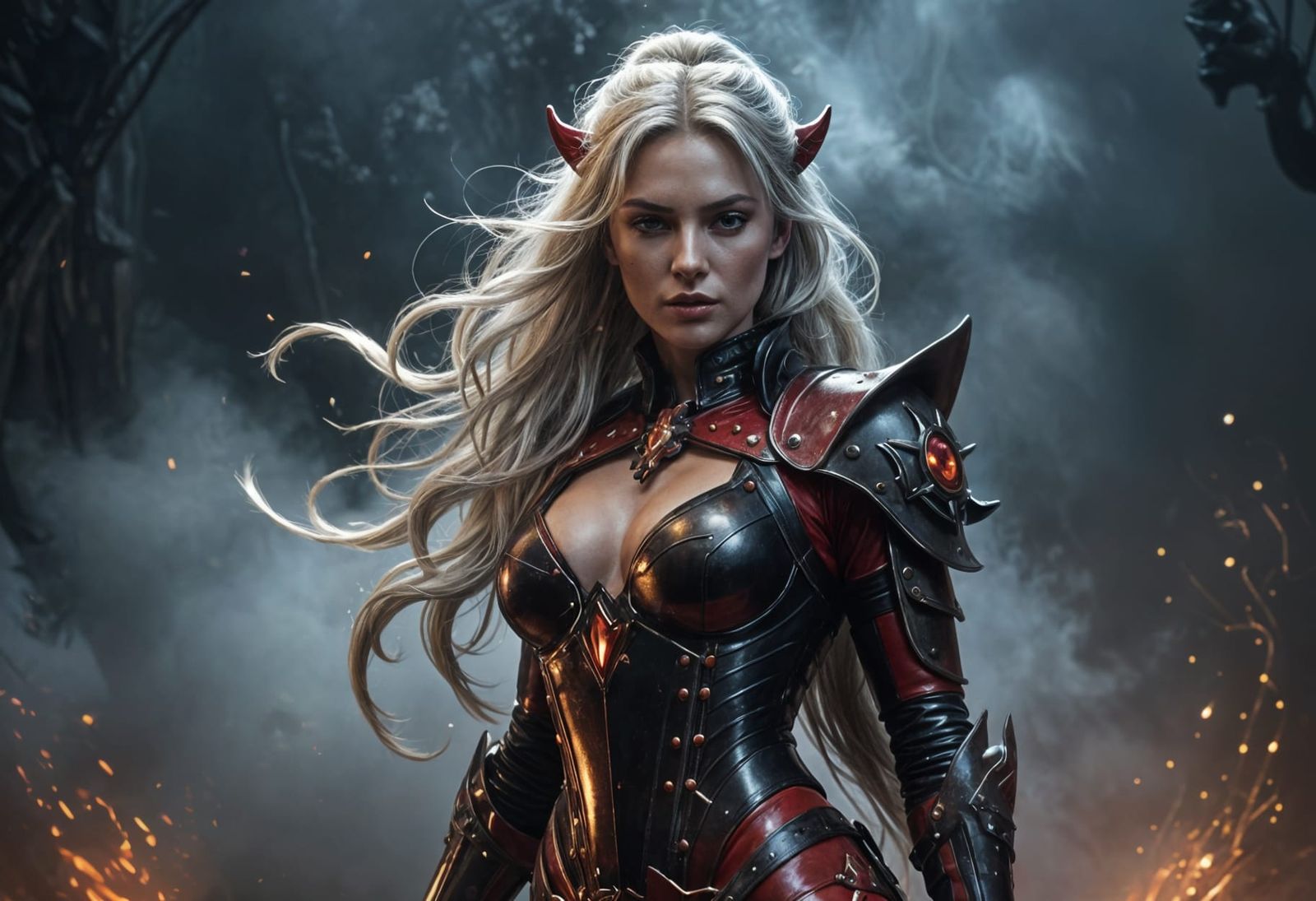 Warrior Queen in Crimson Catsuit on Battlefield