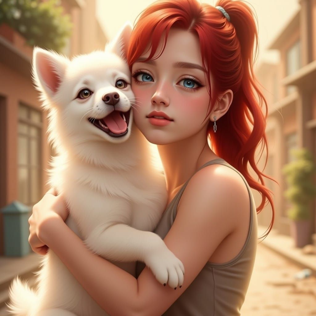 Cheerful Girl Hugs Fluffy White Dog in Warm Sunlight