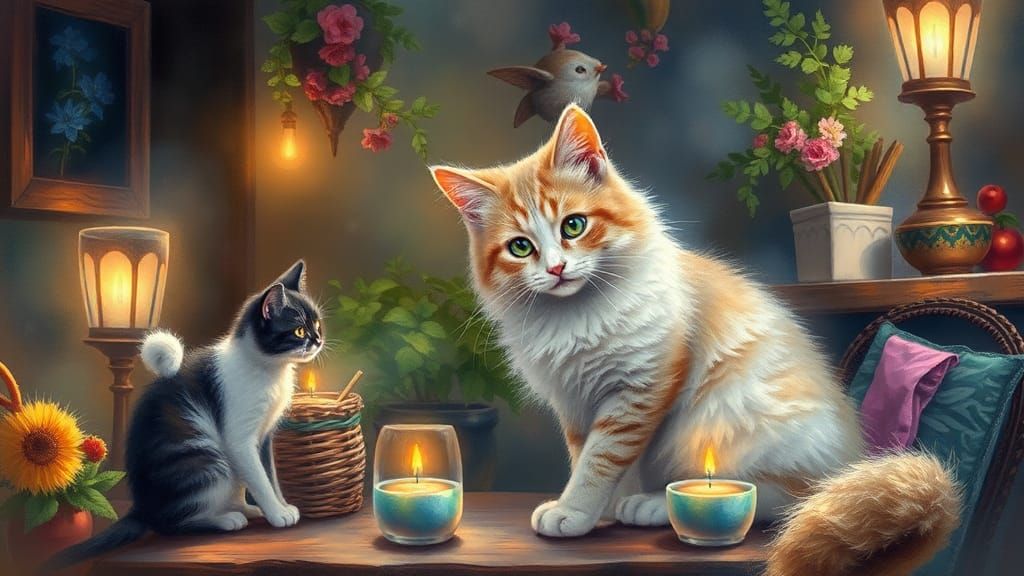 Cat's Day in Bright Watercolour Fantasy Style