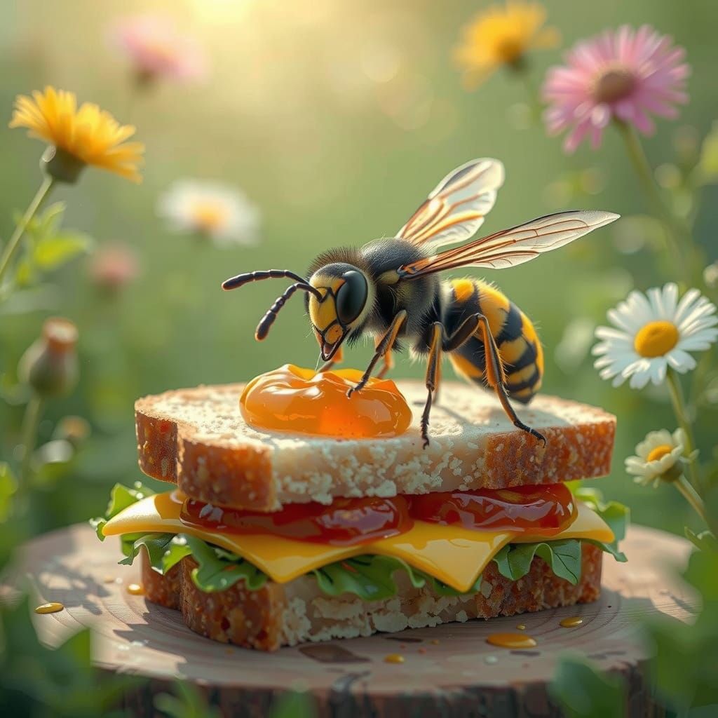Cute Wasp Eats Marmalade Sandwich in Flowery Garden
