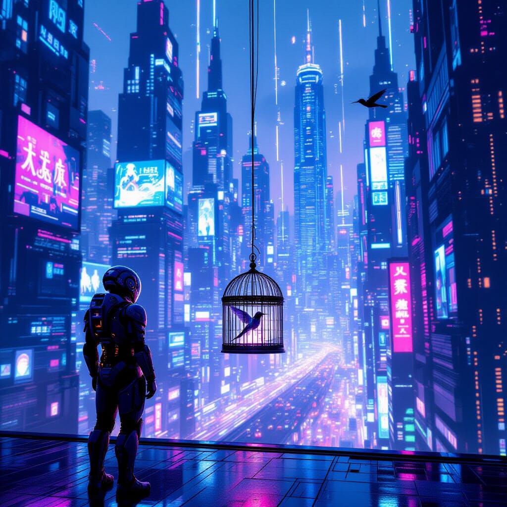 Cyberpunk Cityscape at Dusk with Holograms and Neon