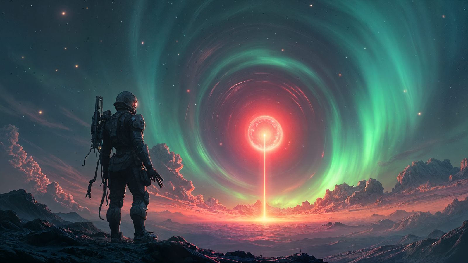 Mysterious Space Warrior Amidst Cosmic Vortex