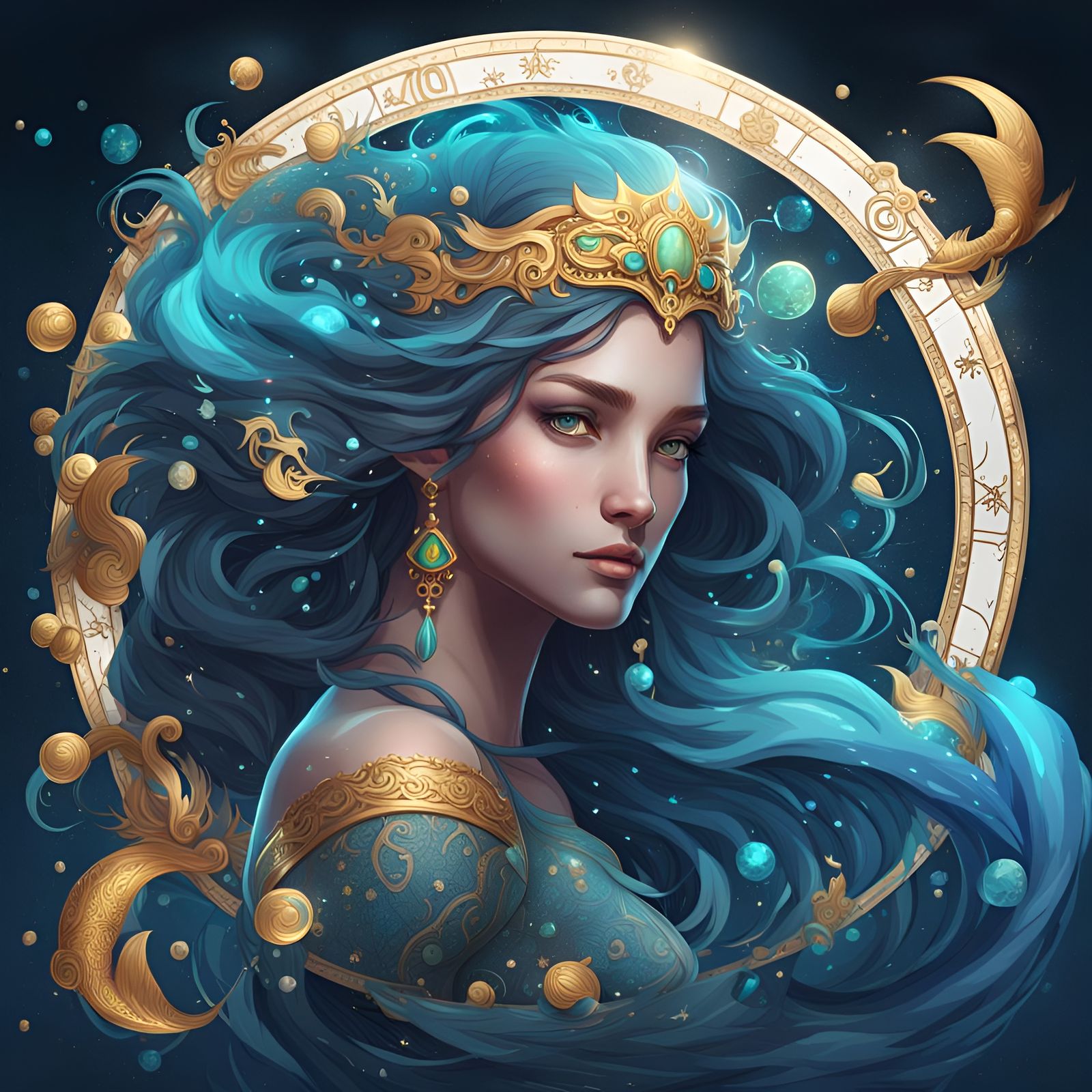 Aquarius Mermaid in Night Sky: Hyperdetailed Zodiac Art
