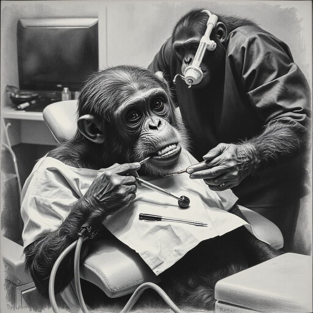 Chimp in Dentist Chair While Orangutan Performs Filling