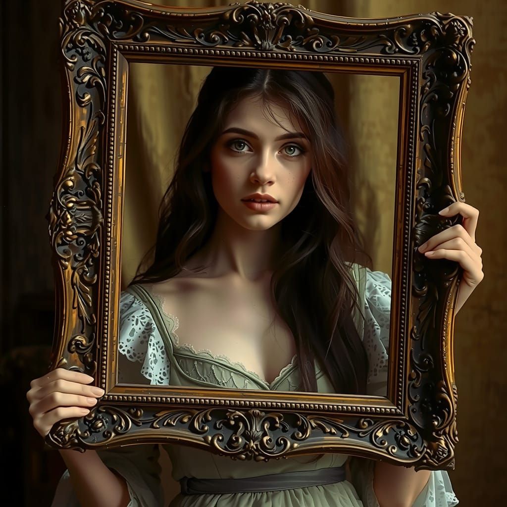 Ethereal Young Woman Holds Antique Picture Frame with Intric...