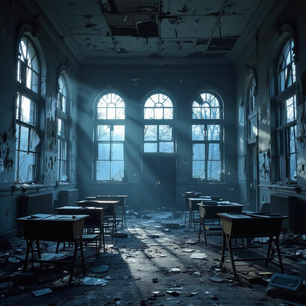 Eerie Abandoned School at Dusk Digital Matte Painting