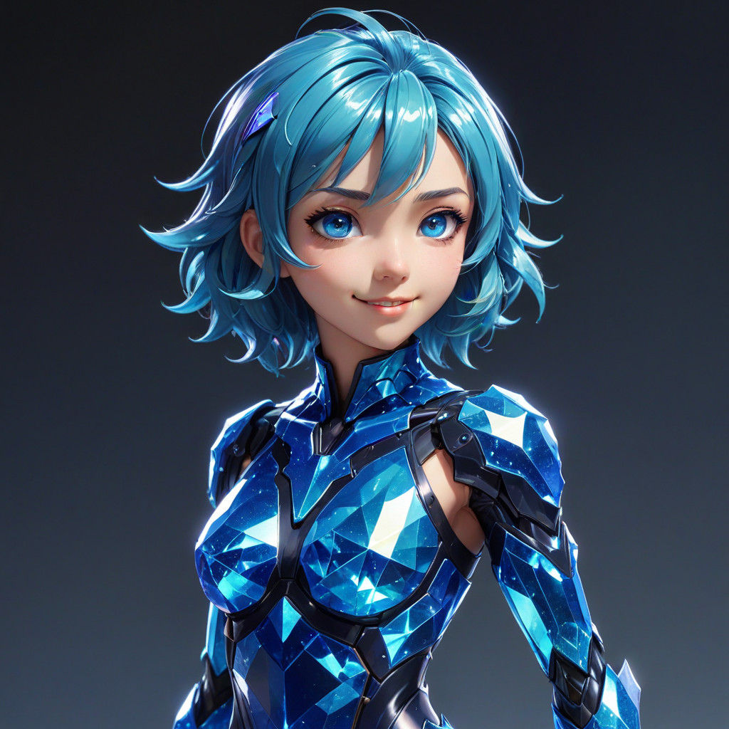 Vibrant Crystal Girl in Cel-Shaded Blue Anime Style