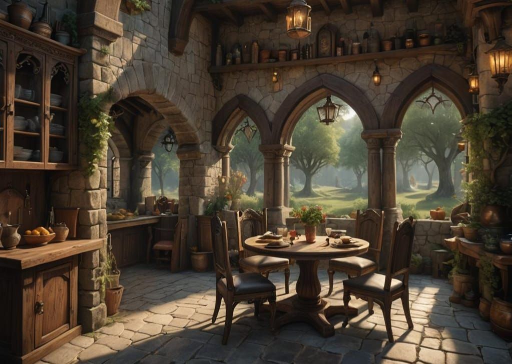 Medieval Dining Room with Archway in D&D Style