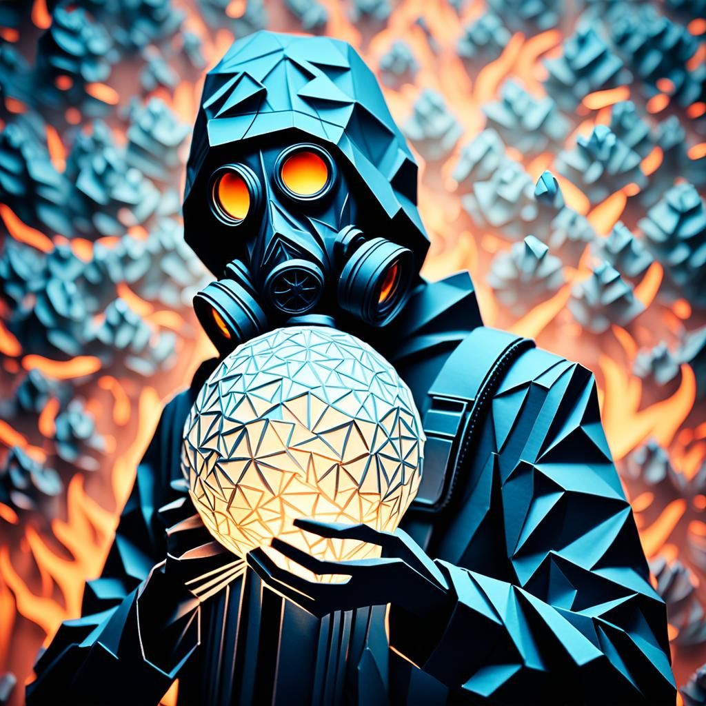 Papercraft Man in Gas Mask Holding Fiery Ice