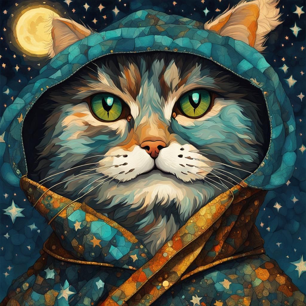 an adorable Persian cat dressed in a patched coat, dark starry night, gorgeous detailed turquoise eyes, stained glass, f...