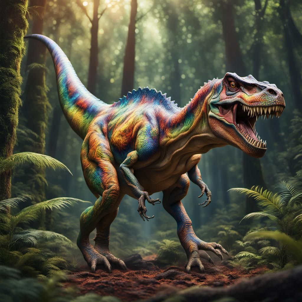 Hyperrealistic T-Rex Dinosaur in Colorful Forest