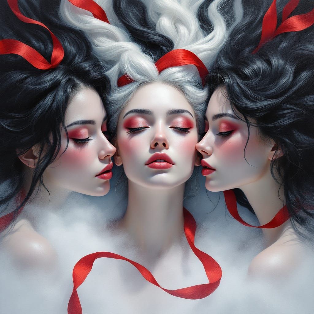 Three Women United by Red Ribbons in Misty Surrealism