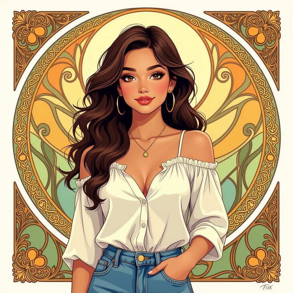 Girl with Brown Hair in Art Nouveau Style