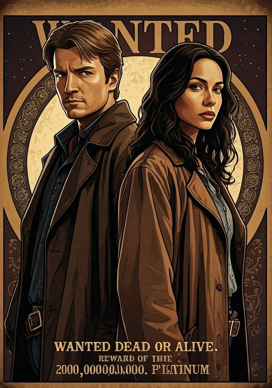 Vintage Wanted Poster: Reynolds and Washburne in Anime Style