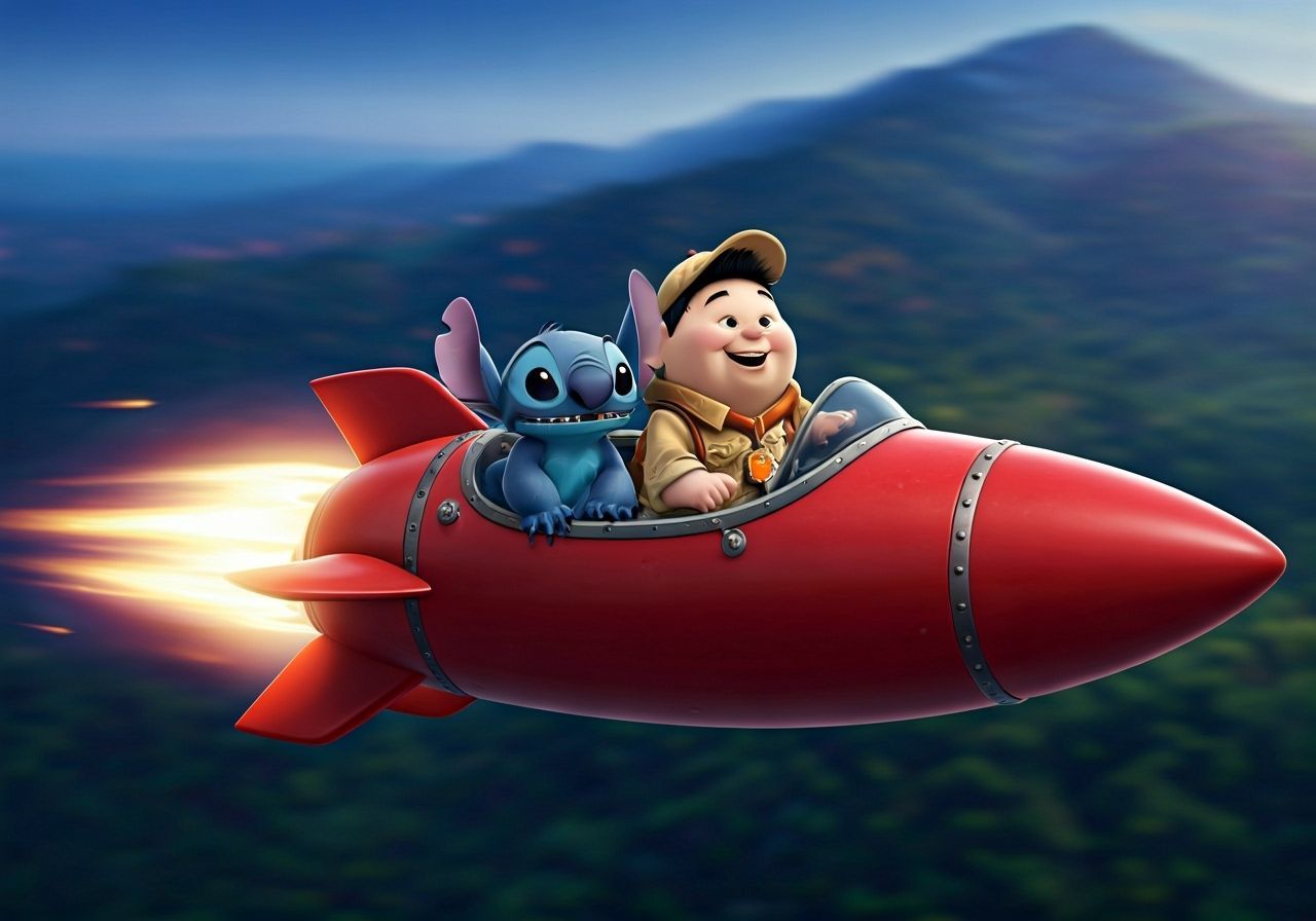 Stitch & Russell Fly Red Rocket in Realistic Disney Style