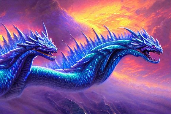 Three-Headed Dragon: Cosmic Matte Painting in Mixed Media