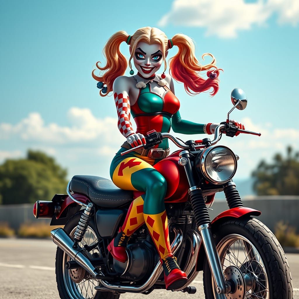 Harley Quinn on Motorcycle: Detailed Digital Art