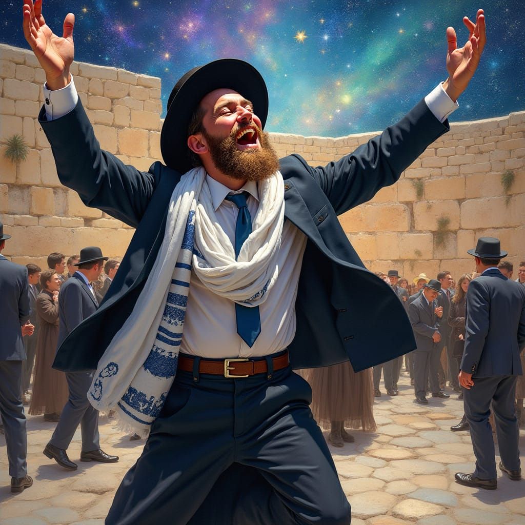 Ecstatic Rabbi Dancing among Celestial Wonders in Cosmic Oil...