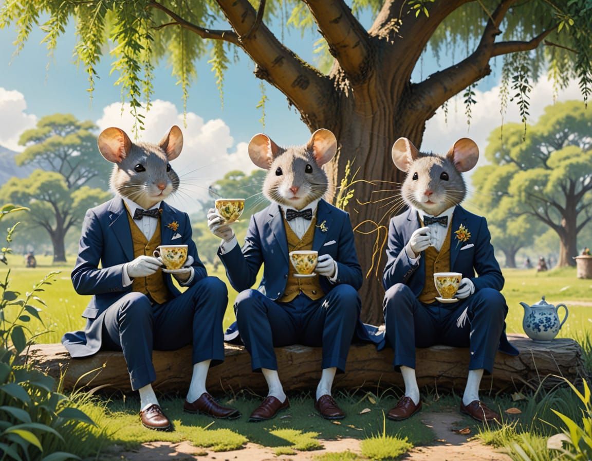 Mice in Dandy Suits Sipping Tea Under a Willow Tree in Water...